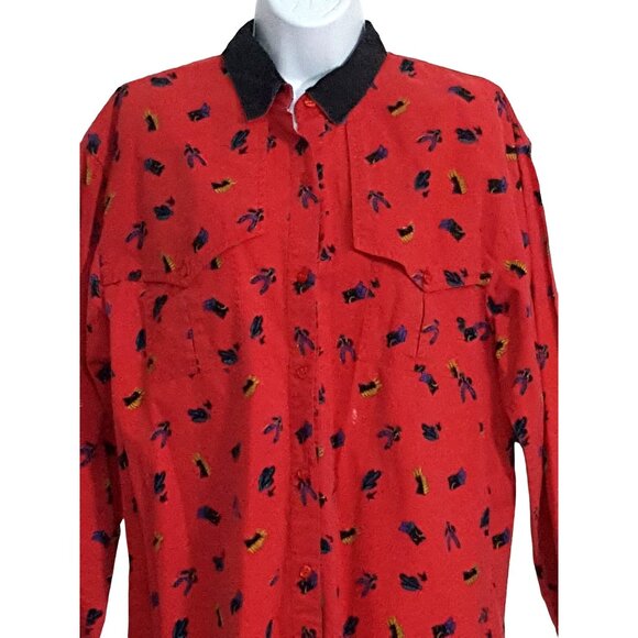 Adobe Rose Vintage 90s Womens Blouse Button Up Shirt Red Western Cowboys L - Picture 2 of 10